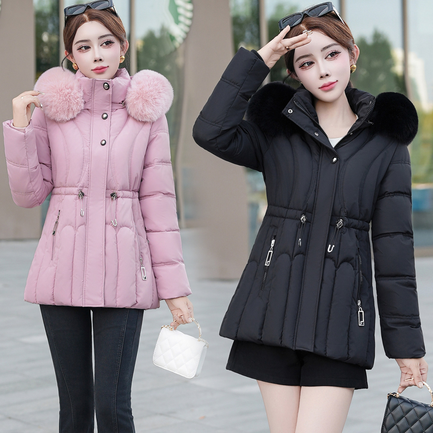 大毛领连帽羽绒棉服女冬季收腰显瘦棉衣外套小个子洋气质减龄棉袄