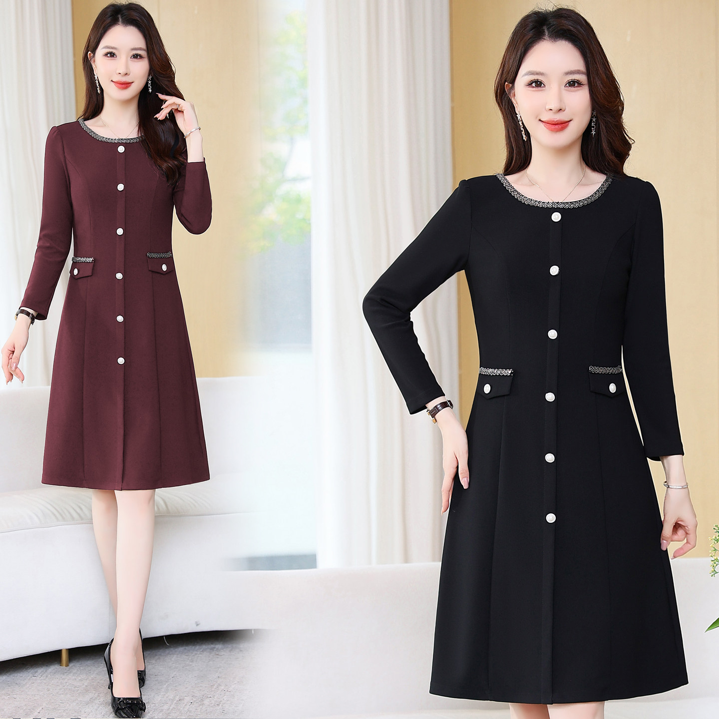 小香风九分袖圆领连衣裙女秋季2025新款气质减龄收腰显瘦A字裙子,女装/女士精品,连衣裙,淘宝优惠券,粉丝福利购,淘宝优惠卷