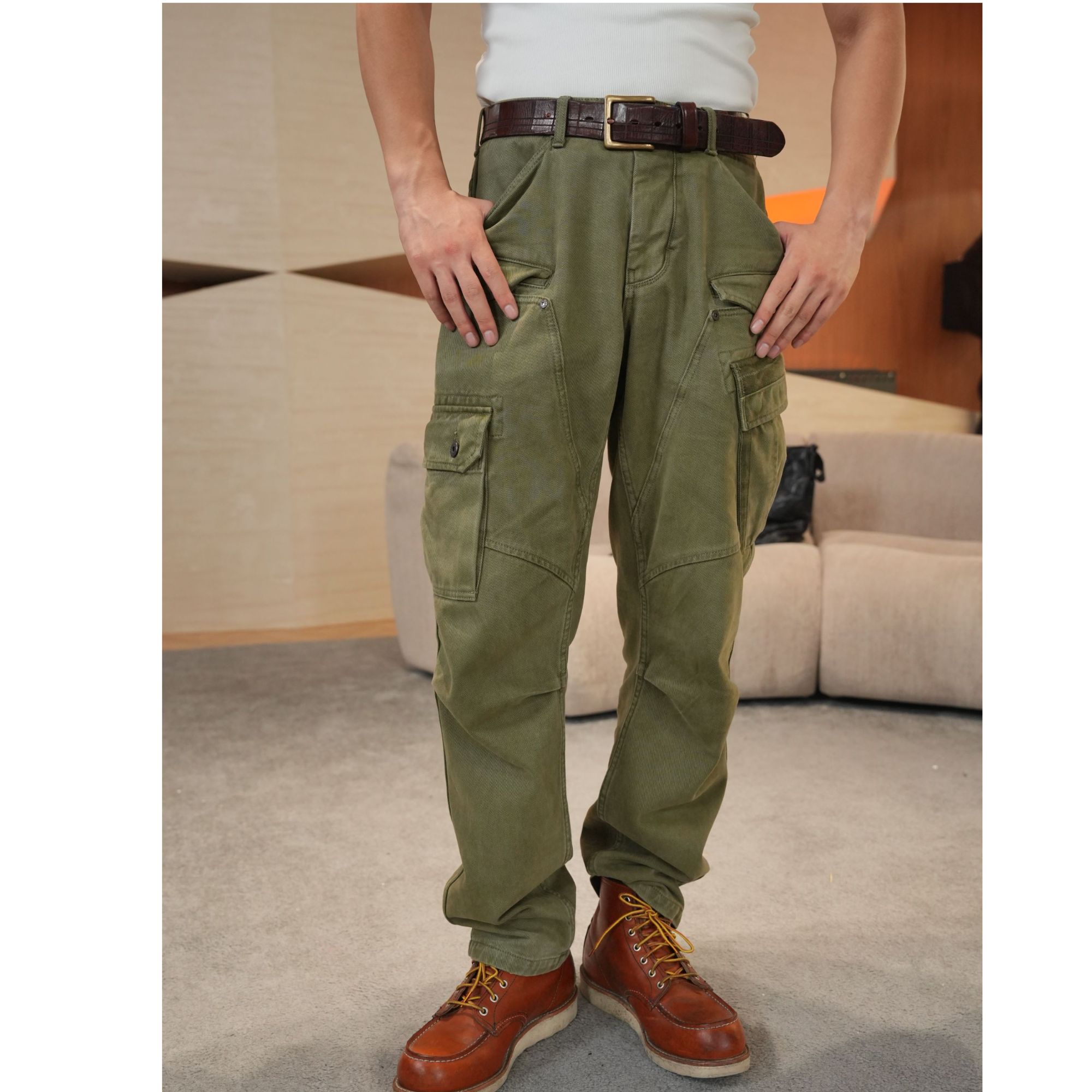 特叔军绿工装裤休闲裤秋季多口袋户外时尚宽松简约百搭时尚长裤