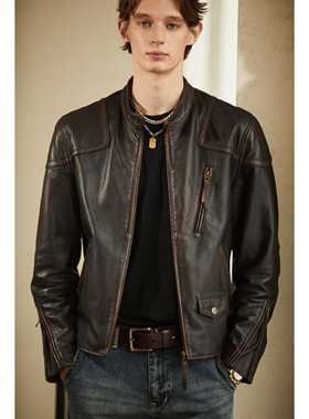 特叔时尚毒液RRL短款男士牛皮皮衣茶芯复古外套真皮机车秋冬夹克