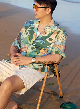 特叔 美式休闲佛手古巴领衬衫短袖夏威夷沙滩印花薄款花衬衣男