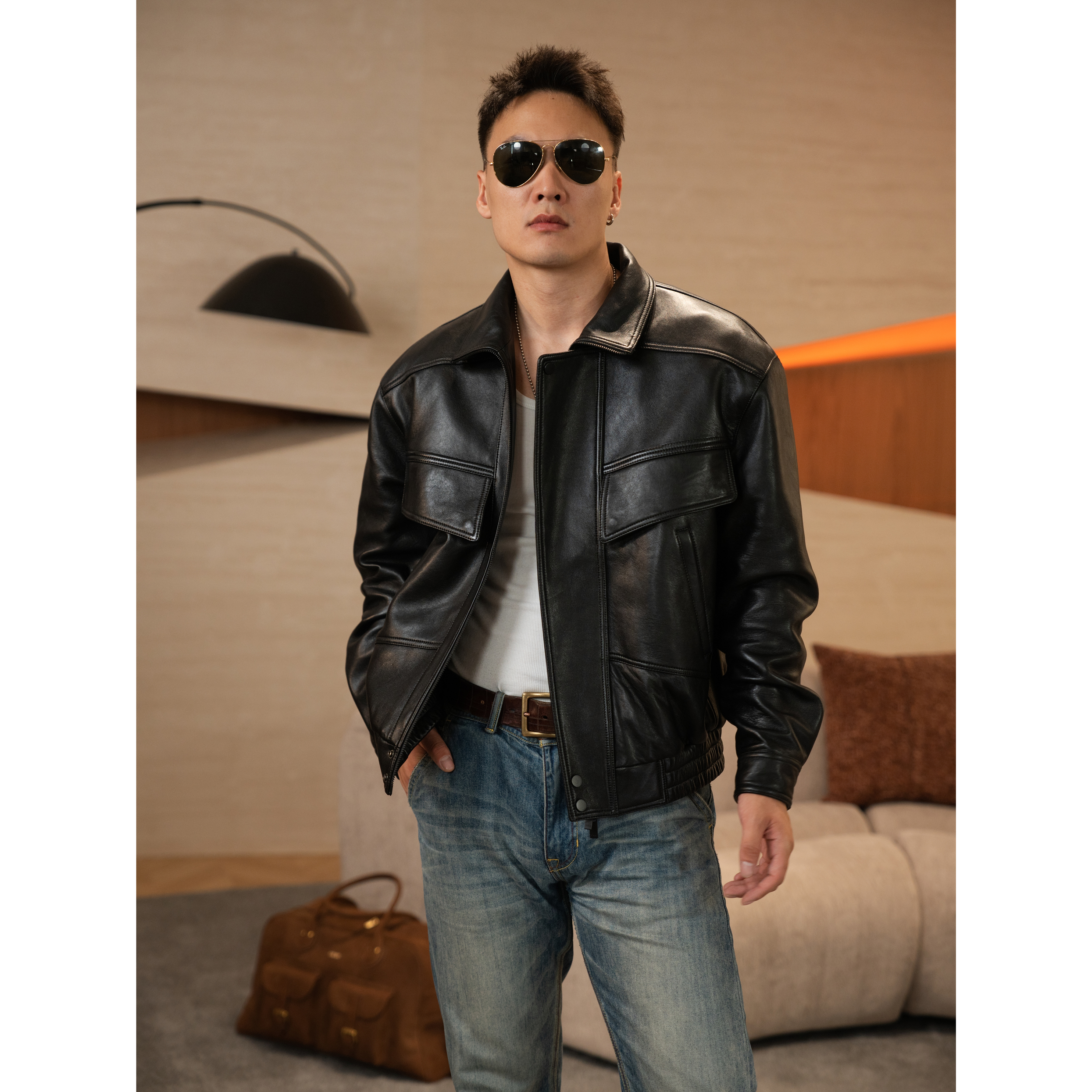 特叔破局绵羊皮港风复古休闲皮衣男装翻领真皮夹克短款秋季外套