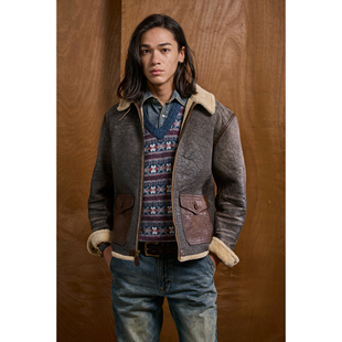 特叔老佛爷真皮皮衣毛领男士 外套 复古飞行夹克羊皮机车夹克短款