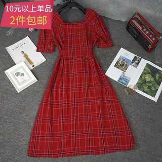 棉麻复古格子连衣裙夏学生ins小清新适合胯大腿粗的裙子女中长款