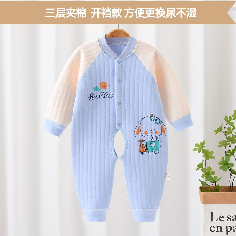 婴儿开裆连体衣秋冬三层夹棉连体衣无骨工艺宝宝加厚爬服开档哈衣