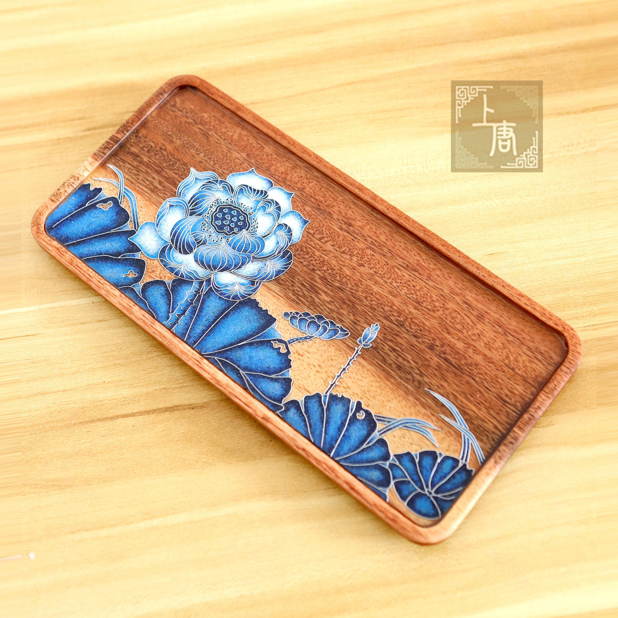 胡桃木茶盘掐丝珐琅釉料diy材料包荷花莲花青花瓷礼物wg221225