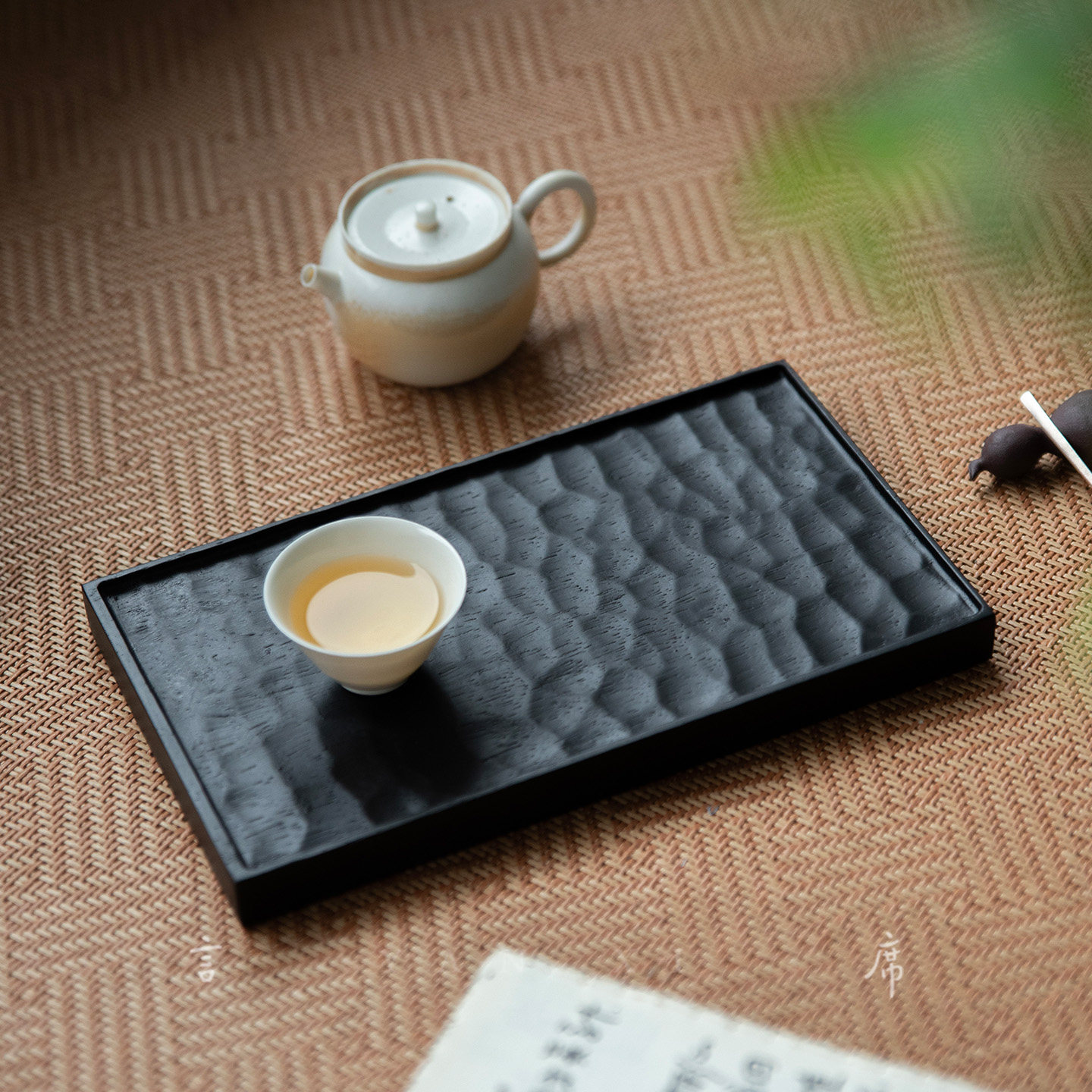 胡桃木碳化木盘侘寂风禅意复古摆件波浪纹实木托盘长方形干泡茶台