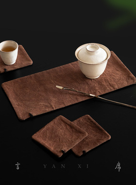 手工古法柿染茶席套组双面可用布艺茶垫禅意复古杯托布植物染手作