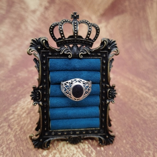 Vintage中古欧洲回流925银蓝砂石镂空戒指25号