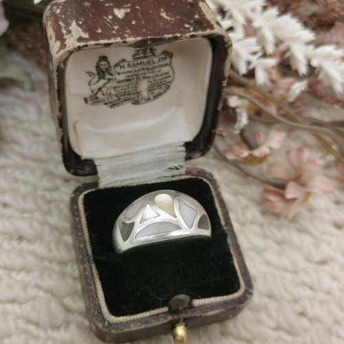 Vintage中古欧洲回流925银彩贝拼接戒指15号