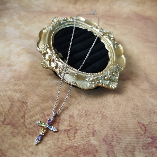 Vintage中古欧洲回流925银彩钻十字架吊坠