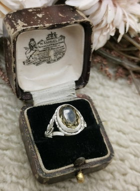 Vintage中古欧洲回流sterling老银黄水晶戒指15号