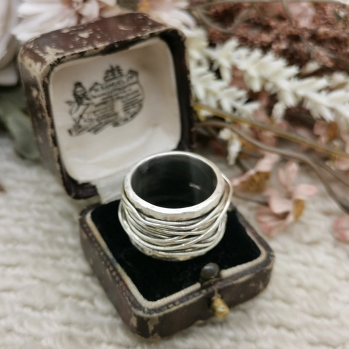 Vintage中古欧洲回流925银老手作宽版缠绕戒指15号