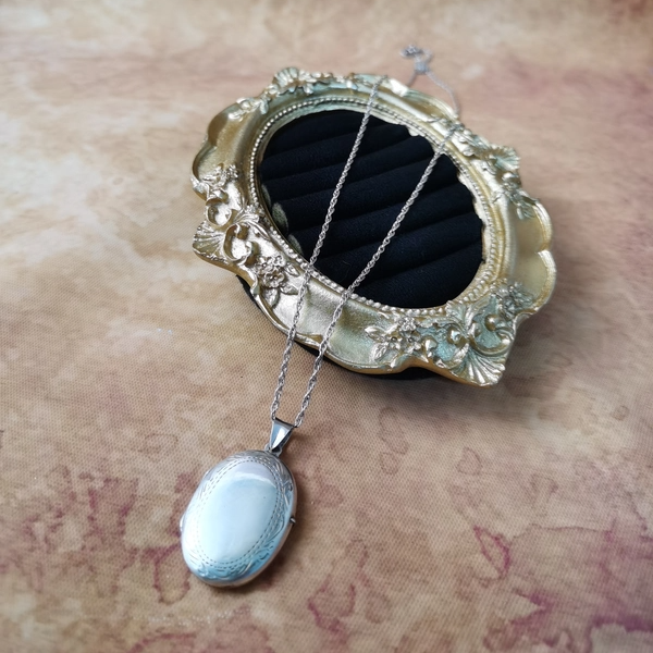 Vintage中古925银素银椭圆照片盒相片盒吊坠