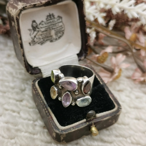 Vintage中古欧洲回流925银彩宝戒指12号