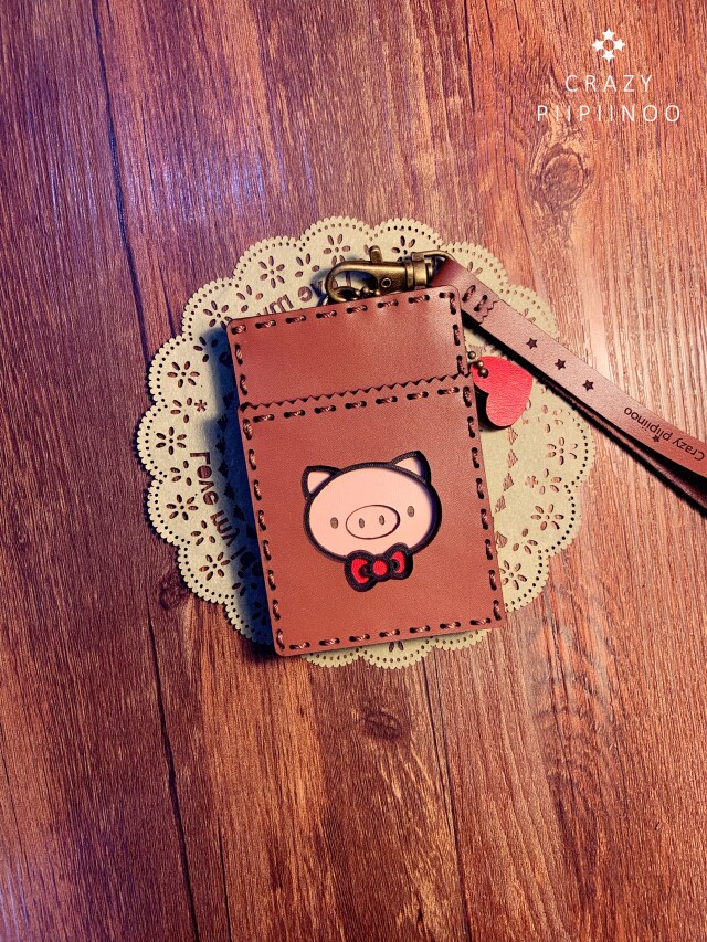 原创真皮手工卡片包公交卡套卡夹卡位包-领结小猪