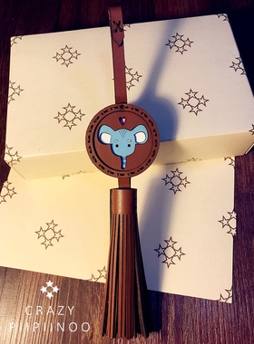 蓝色小大象手工双面牛皮汽车挂件创意车内饰品流苏款汽车挂饰