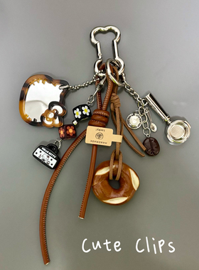 Cute Clips原创miu系包挂美拉德豹纹kitty镜子车钥匙扣串珠链包挂