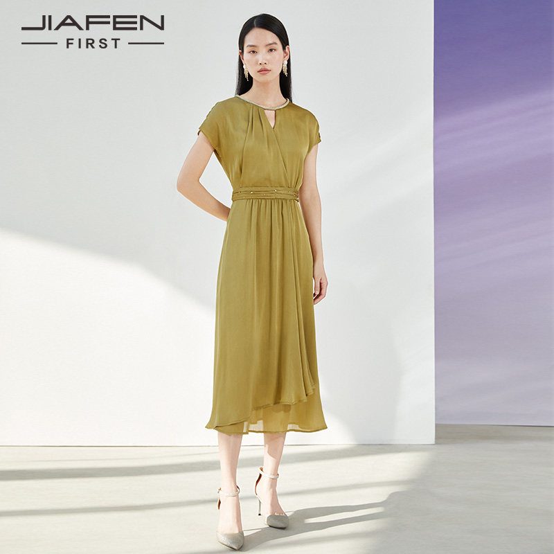 佳纷2024春夏新款气质时尚纯色百搭水钻锁领连衣裙连衣裙g205204e