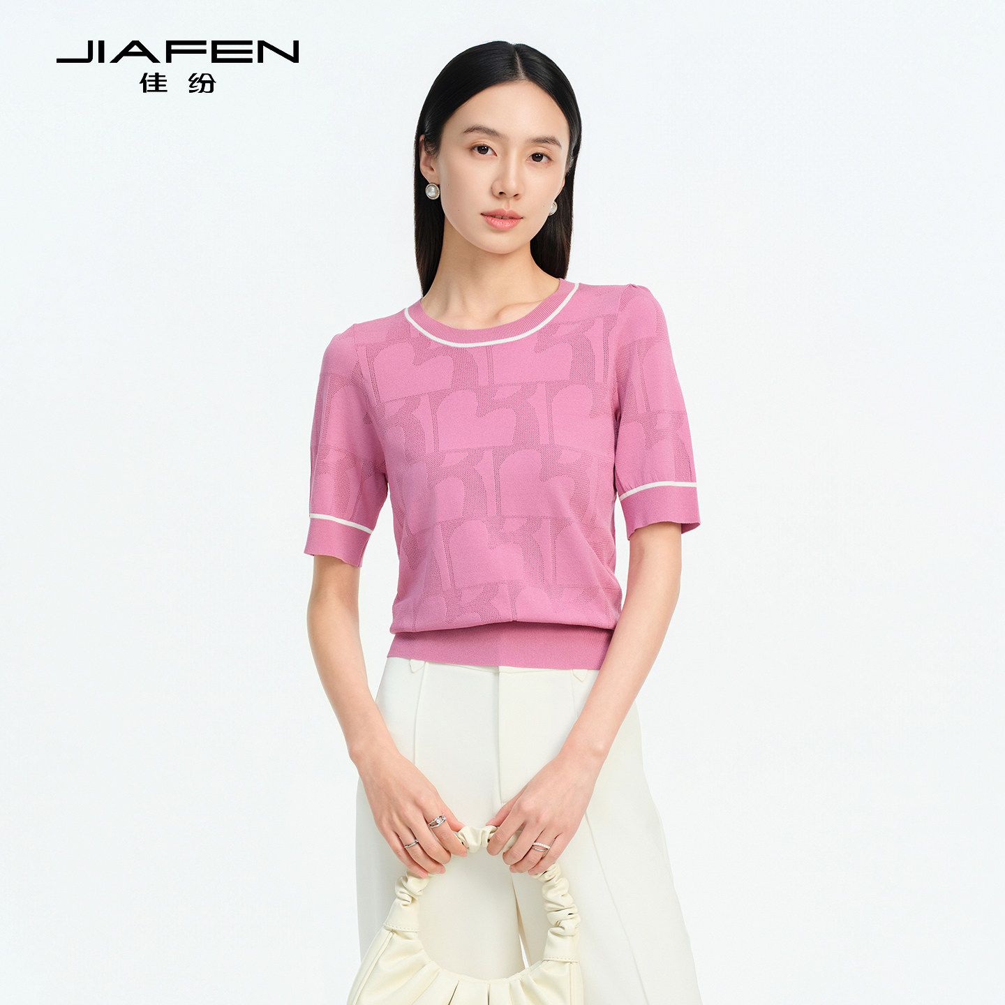 佳纷女短袖设计感针织T恤图片
