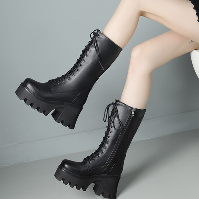 圆头厚底中筒靴女粗跟骑士靴