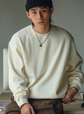 PrintsCrew 335克华夫格长袖套头圆领卫衣纯色百搭打底衫上衣宽松