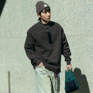 PrintsCrew重磅330克华夫格肌理长袖T恤纯色拼接打底衫上衣卫衣男