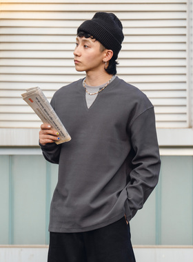 PrintsCrew重磅350克华夫格假两件长袖秋冬打底男装卫衣宽松纯色