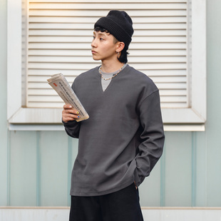 PrintsCrew重磅350克华夫格假两件长袖秋冬打底男装卫衣宽松纯色