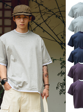 PrintsCrew假两件圆领短袖夏季零压通勤短袖T恤打底衫半袖男士潮