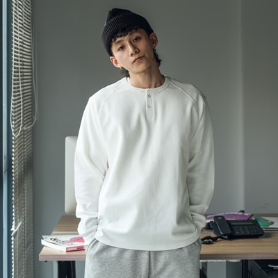 PrintsCrew重磅350克棉质长袖秋冬T恤男装华夫格圆领卫衣宽松纯色