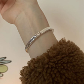 永记银铺999纯银手镯男女情侣款 足银原创手工锤纹简约实心银手环