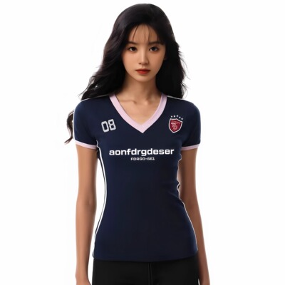 FDR GDES官方店 复古辣妹V领撞色印花短袖t恤女夏季运动修身显瘦