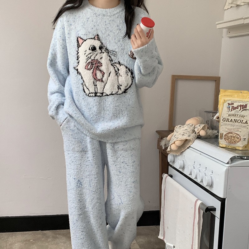 2025秋冬新款蝴蝶结猫咪睡衣女软绵绵半边绒加厚保暖家居服套装