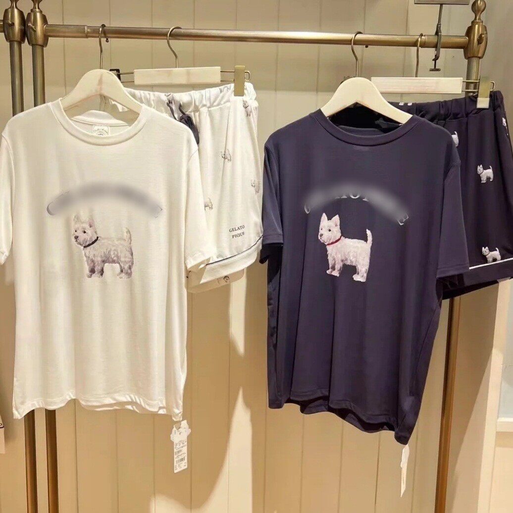夏季新款冰淇淋莫代尔印花柔软圆领狗狗短袖短裤睡衣女家居服套装
