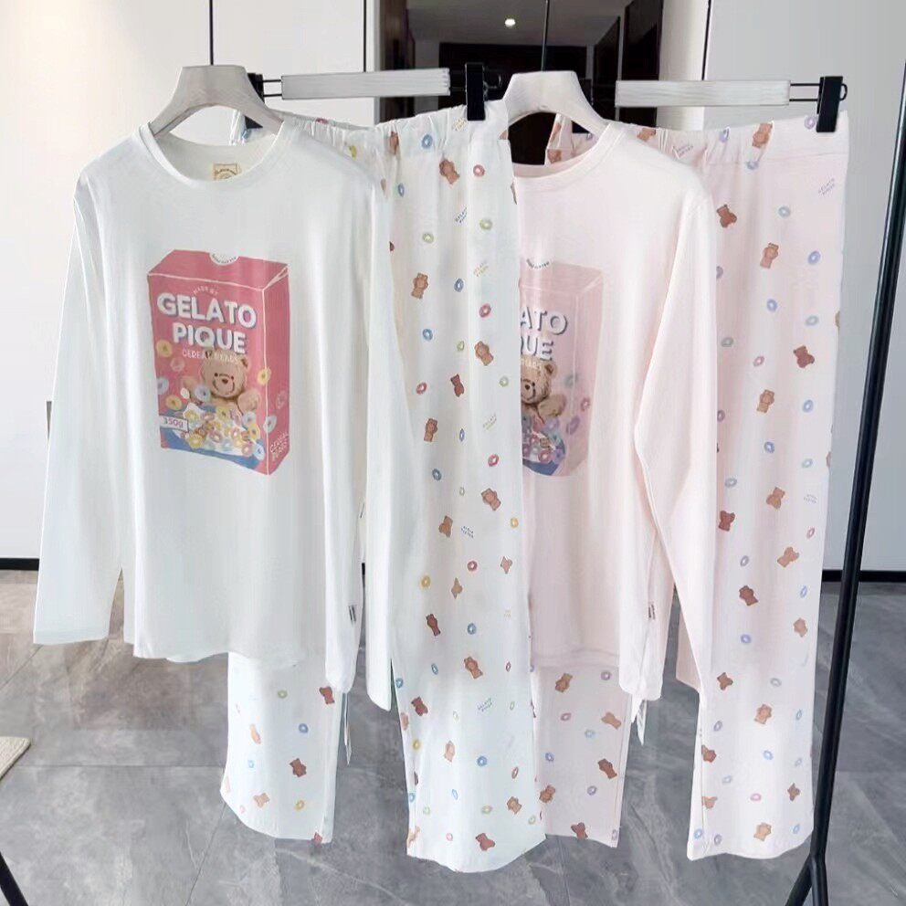 春夏新款冰激凌可爱麦片小熊系列短袖长裤纯棉睡衣家居服女套装
