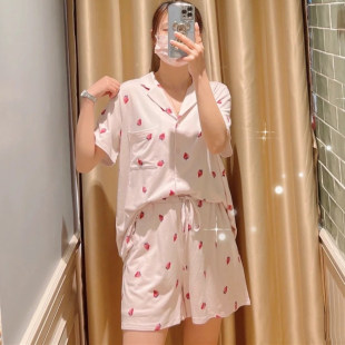 睡衣女套装 夏季 短裤 新款 家居服 冰激凌棉可爱甜美草莓卡通方领短袖