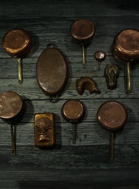 vintage黄铜法国厨具高端紫铜厨房平底锅欧式家居复古样板间拍摄