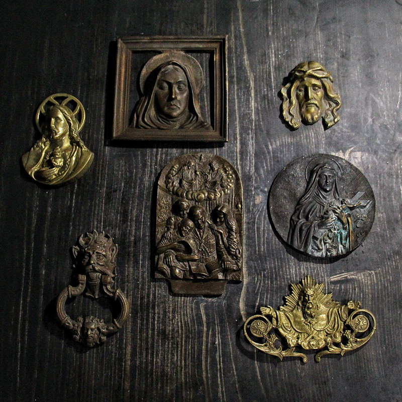 vintage西洋老古董黄铜复古摆件圣牌头像拍摄欧美精品软装工艺品
