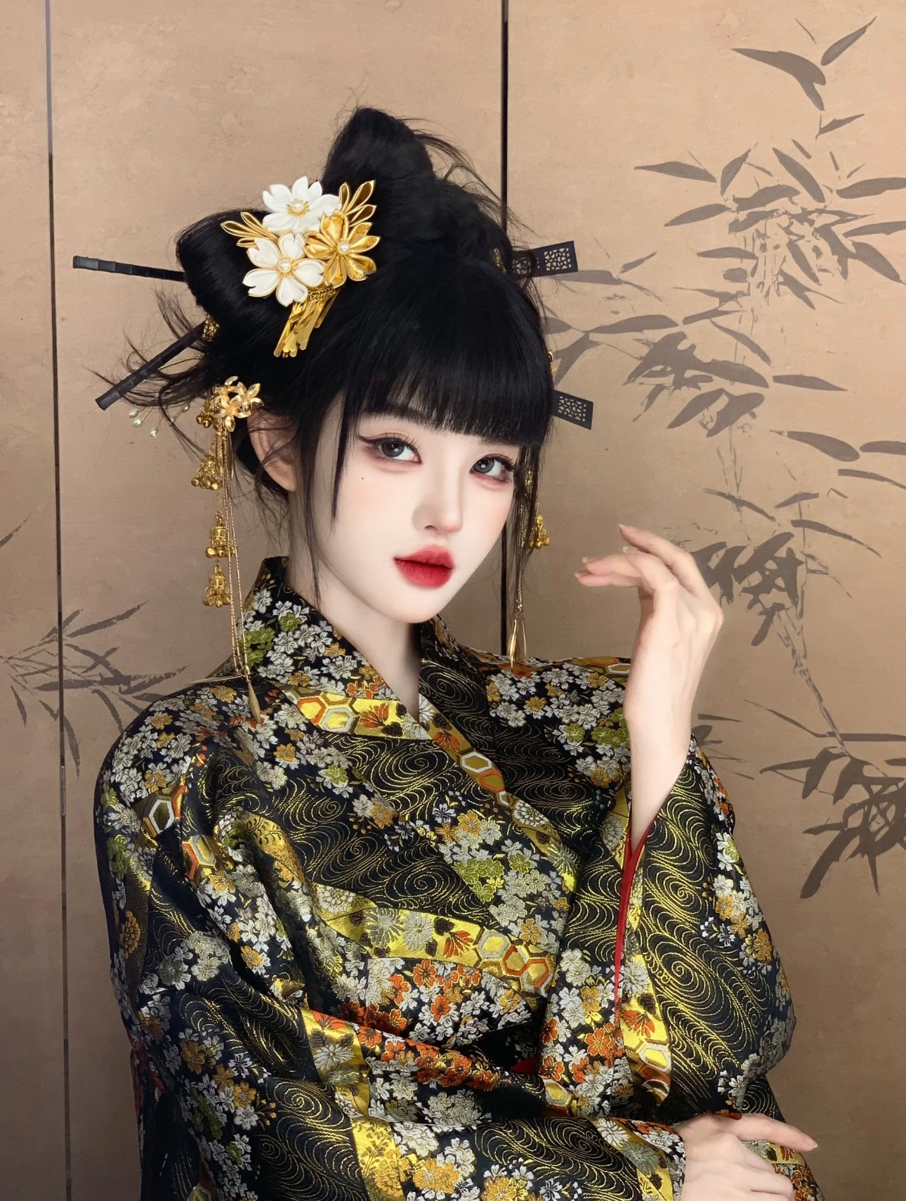 黑金花魁外褂中华吴服打褂汉服晨袍秀禾服服大振袖日式和风可定制
