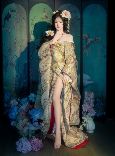 花魁打褂套装中华吴服汉服女子晨袍浅金色礼服振袖日式和风可定制