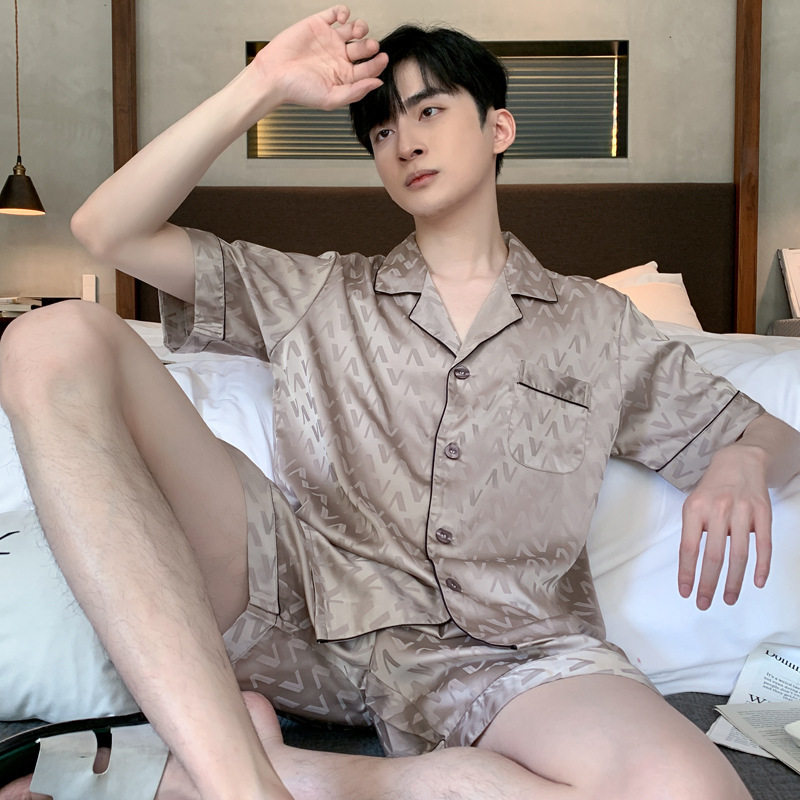 夏季冰丝缎面睡衣男士短袖短裤开衫家居服夏天薄款丝绸套装家居服
