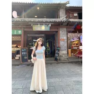 杏色超仙流光纱高腰a字半身裙女夏季松紧腰宽松百搭显瘦长版裙子