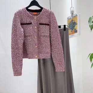 小香风双格纹圆领针织开衫 女126120TC301 Lil丽2026春款 实拍正品