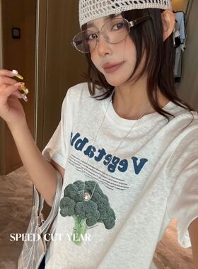 26283款 韩系小众设计字母蔬菜印花休闲百搭短袖圆领宽松棉T恤女