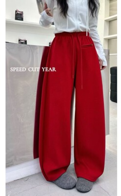 速裁琪年正品 2026早春新款时尚宽松休闲裤 亮色松紧腰阔腿裤