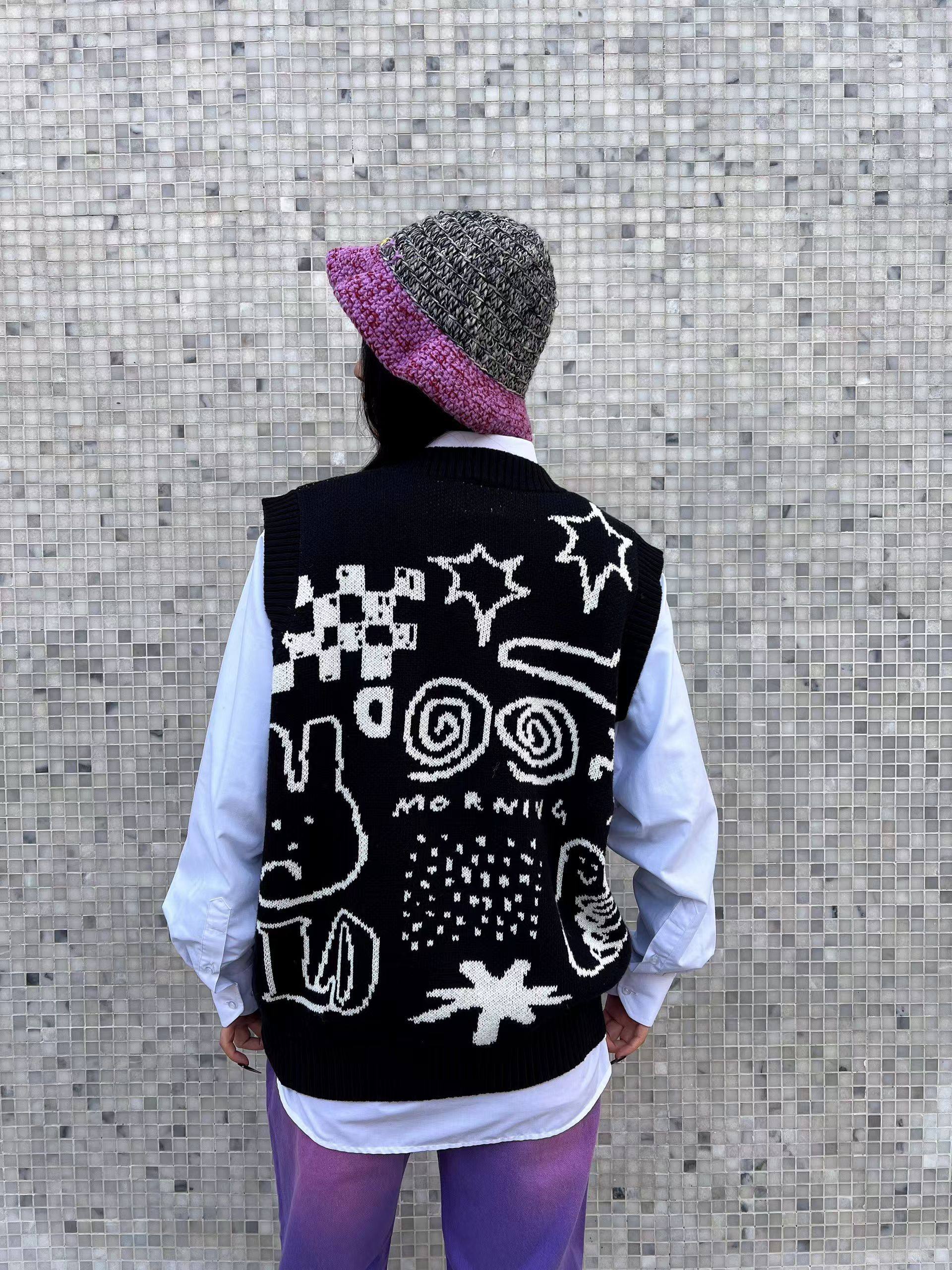 纸袋艾米正品 韩式宽松显瘦女装 涂鸦毛衣背心马甲女 P0537,女装/女士精品,马夹,淘宝优惠券,粉丝福利购,淘宝优惠卷