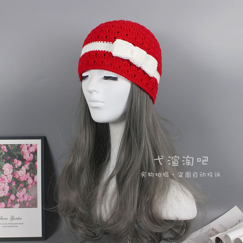 弋渲纯手工钩织成品秋冬女帽优雅百搭撞色圆顶蝴蝶结包头毛线帽子