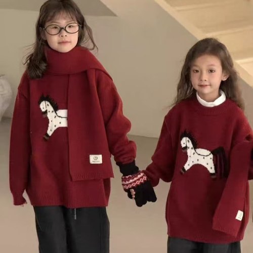 女童毛衣2025秋冬季新款红色圆领针织衫女孩洋气毛衣衫120-170码
