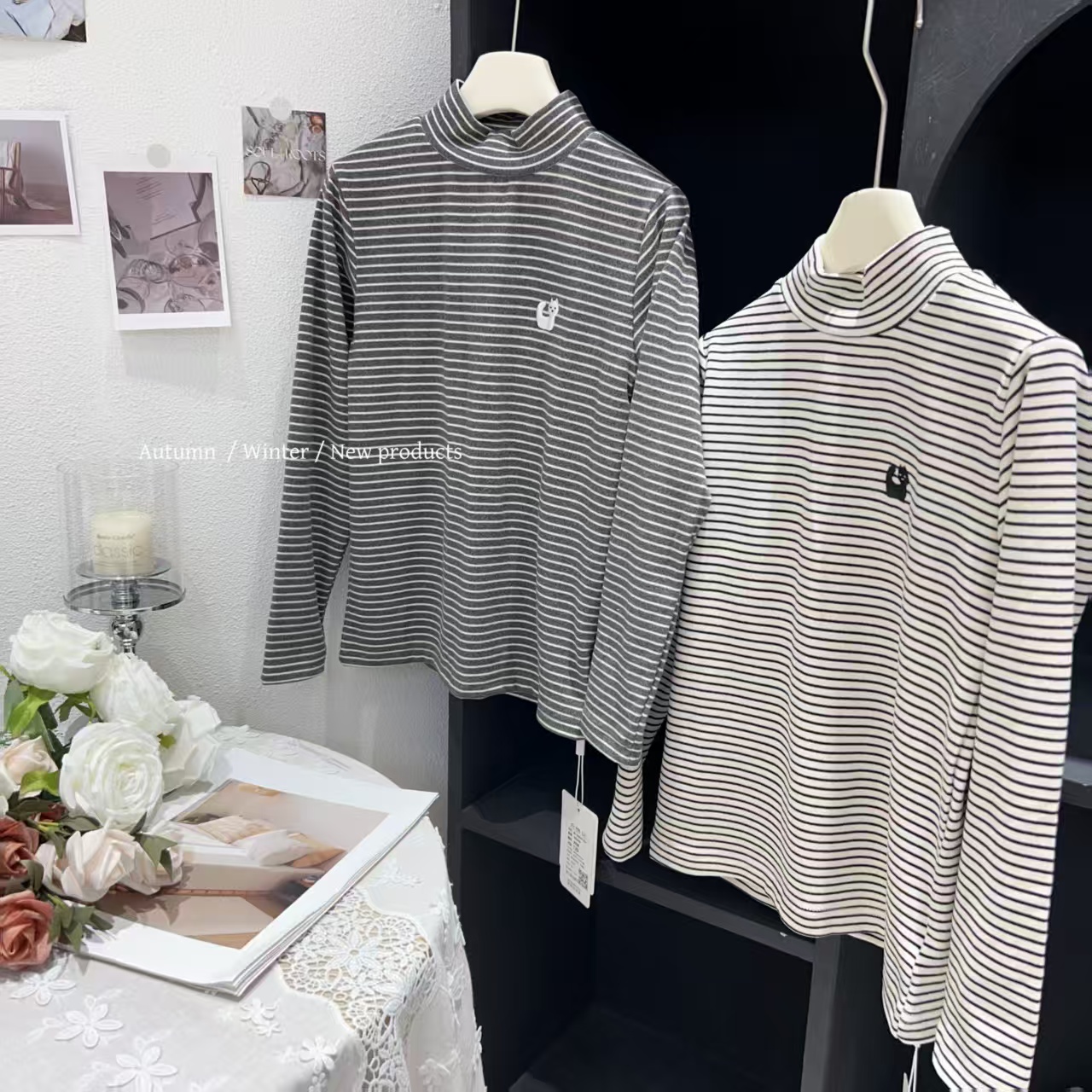 儿童打底衫2025秋冬新款女童半领T恤男童双面绒条纹发热衣120-170